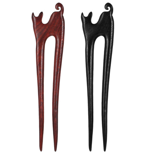2Pcs U Shape Wooden Hair Sticks Handmade Carved Wood French Hair Forks with Cute Cat Design 2-Prong Vintage Wood Hair Pins for Women Girls Chignon Bun Updo Hairstyle Accessories