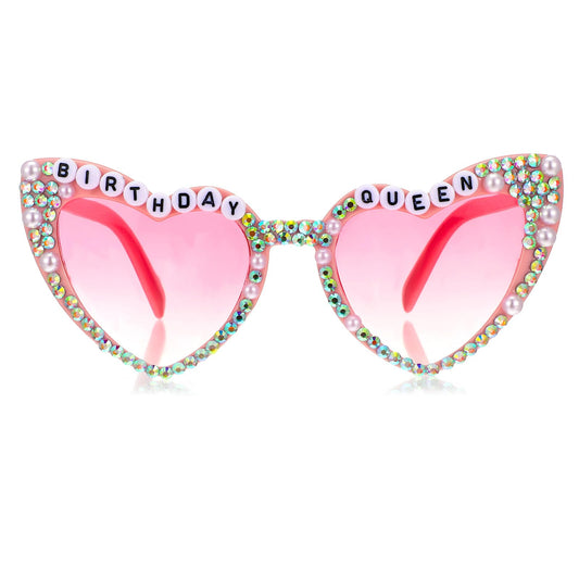 Wanmu Birthday Heart Glasses for Women, Pink Heart Birthday Queen Rhinestone Sunglasses, Retro Heart Glasses, Birthday Party Gift Accessories for Women