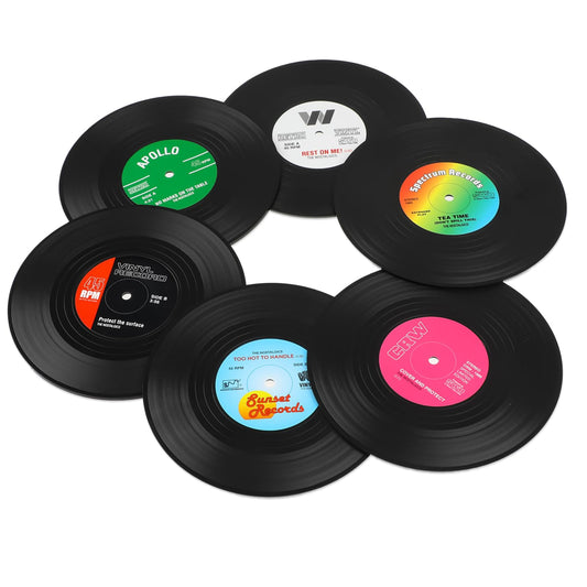 COMNICO 6 Pcs Retro Record Coasters for Drinks Non-Slip Vinyl Record Disk Coasters Funny CD Coasters Set for Tea Coffee Home Kitchen Restaurant Office Decor