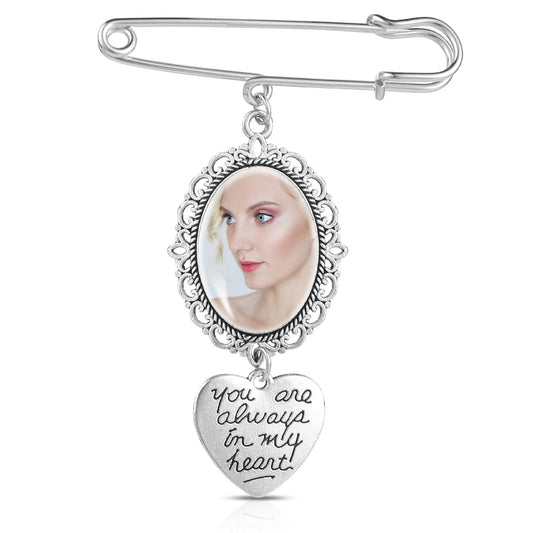 COMNICO Wedding Bouquet Photo Charm Lacy Frame Charm DIY Pin Brooch Making Kit Single Oval Glass Cabochons Picture Frame with Heart Pendant for Wedding Memory Funeral