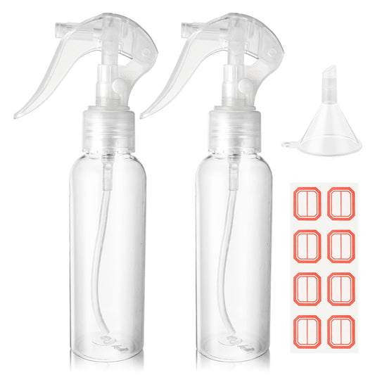 COMNICO 2PCS Small Spray Bottles, 3.5oz/100ml Clear Plastic Hair Spray Bottle Reusable Fine Mist Travel Empty Bottle with Funnels Labels, Refillable Liquid Container for Essential Oils Water Squirt