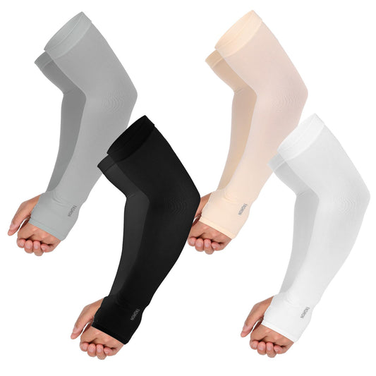 COMNICO 4 Pairs UV Sun Protection Cooling Arm Sleeves Breathable Sports Compression Sleeve with Thumb Holes for Men Women Gardening Outdoors Sports Workouts Volleyball