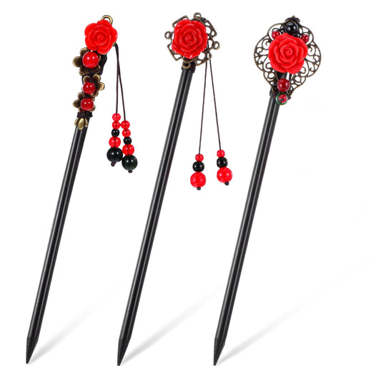 Wanmu 3 Pcs Chinese Wooden Hair Sticks Retro Wood Hairpins Chinese Classic Hair Pins Hair Chopsticks Handmade Flower Japanese Accessories for Women (Red)