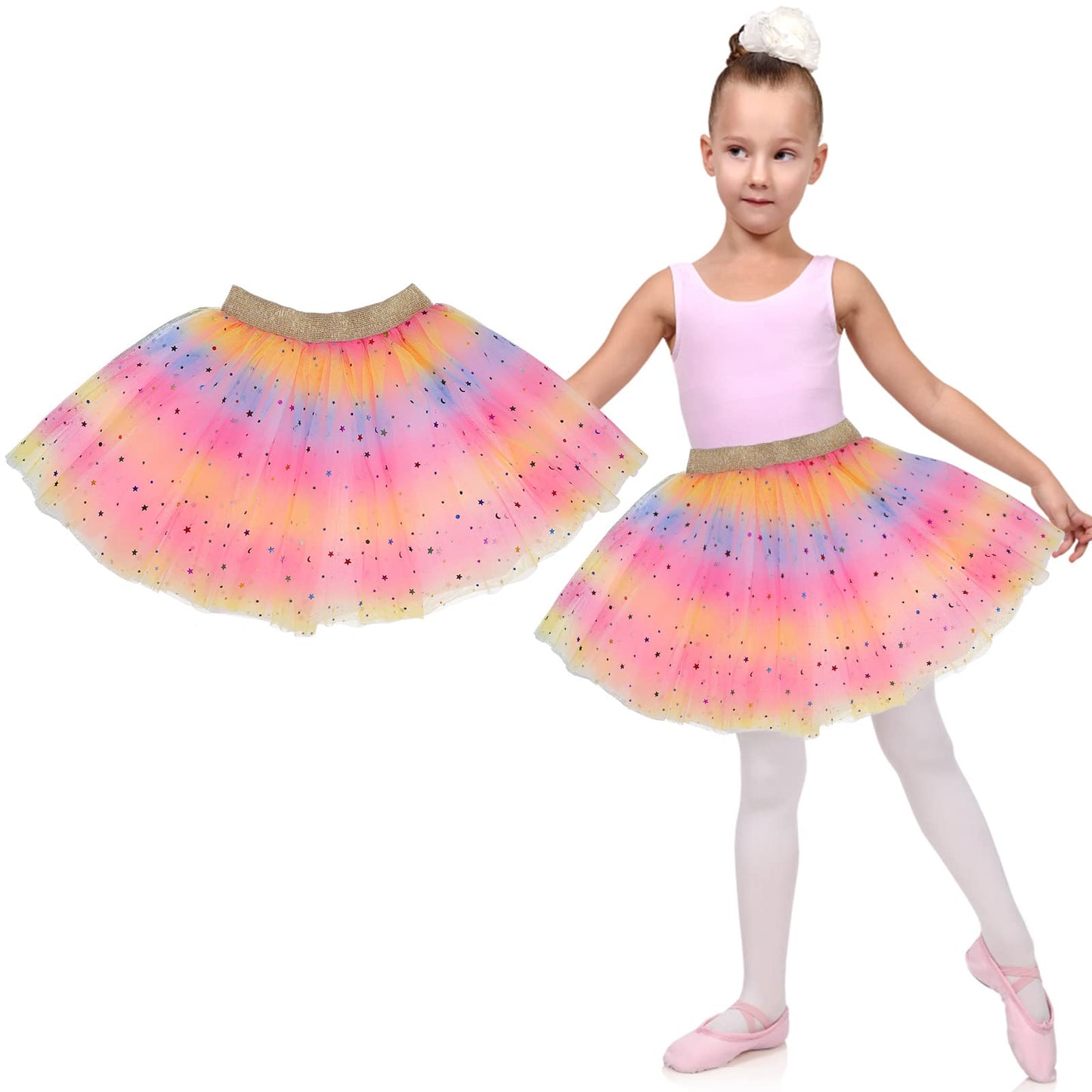 Sibba Layered Tutu Short Skirt Pink Rainbow Sequins Elastic Puffy Costume Dance Ballet Decoration Ballerina Performance Halloween Festival Party Girls Dress Clothing