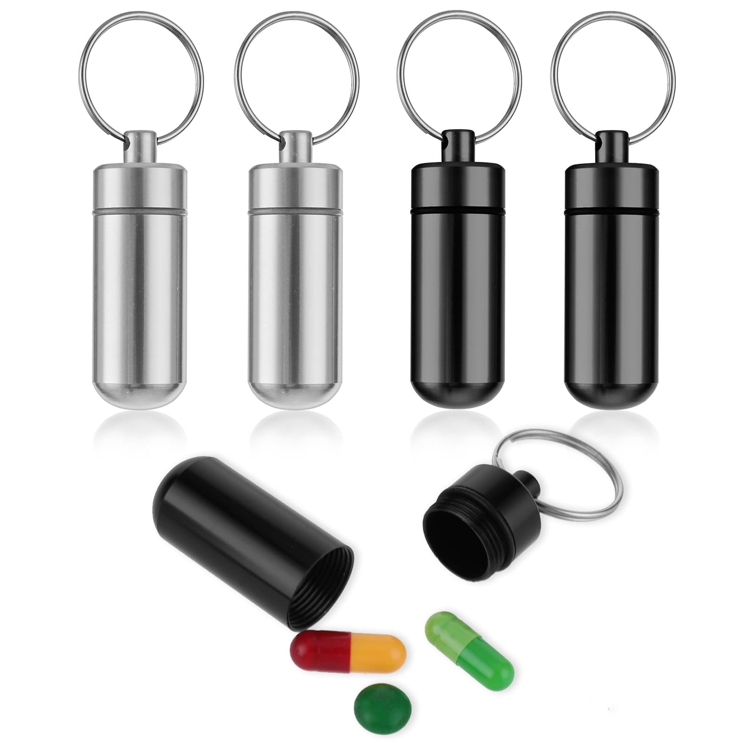 Sibba Pill Box for Purse 4 PCS Keychain Medication Holder Waterproof Pills Case Mini Container Portable Organizer Medicine Dispenser Travel Small Bottle Ring Pillbox Daily