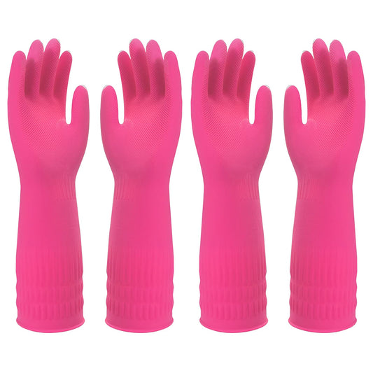 Sibba Rubber Cleaning Gloves, 2 Pairs Kitchen Dishwashing Glove, Reusable Waterproof Cleaning Rubber Gloves, Non-Slip Household Cleaning Long Gloves Rose red