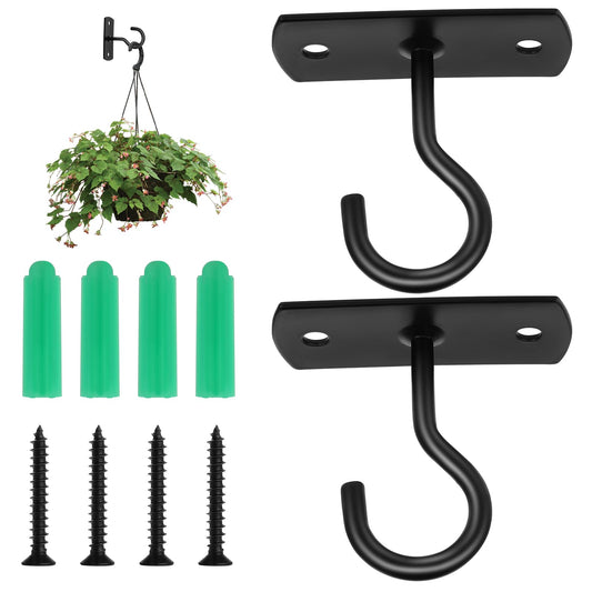 Sibba Ceiling Plants Hooks 2 Pcs Wall Mount Hangers Outdoor Hanging Brackets Windchimes Suspension Pegging Strong Hooker Holder Tool Fit Lights, Planters, Lanterns, Bird Feeders, Decoration (Black)