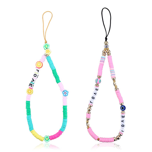 Sibba 2Pcs Phone Charms Beaded Phone Chain Rainbow Clay Beads Mobile Phone Lanyard String Keychain Evil Eye Love Flower Wrist Strap Bead Phone Chains Accessories For Women Girls (Style 2 phone charm)