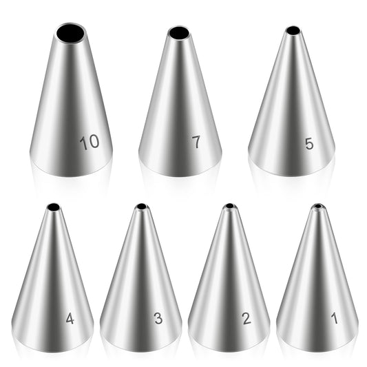 Dimeho 7 Pcs Piping Tips Set Round Hole Cupcake Frosting Nozzles Stainless Steel Cake Decorating Tool Russian Pastry Icing Dispensers Supplies for Baking Cookies Puff Doughnut Cream Bag Tip