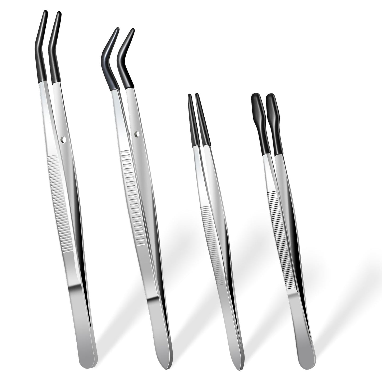 COMNICO 4PCS Tweezers with Rubber Tips Set PVC Coated Bent Straight Flat Tip Tweezers Stainless Steel Non-Slip Long Tweezer Tool for Stamp Sticker Jewelry Bead Crafts Industrial Electronic (Silver)