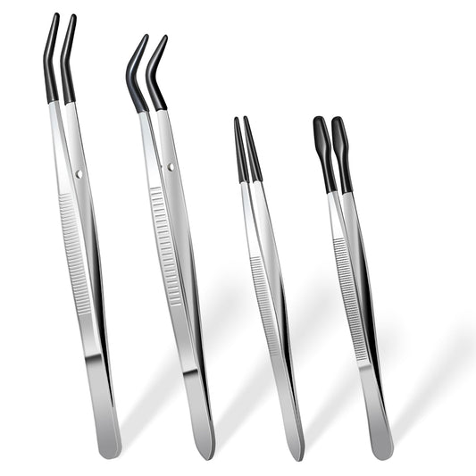 COMNICO 4PCS Tweezers with Rubber Tips Set PVC Coated Bent Straight Flat Tip Tweezers Stainless Steel Non-Slip Long Tweezer Tool for Stamp Sticker Jewelry Bead Crafts Industrial Electronic (Silver)