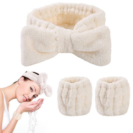 WLLHYF 3 Pcs Spa Headband Wrist Washband Set Soft Elastic Spa Facial Makeup Headbands Washing Face Towel Wristbands Prevent Water Spilling Down Arms Spa Headband for Women Girls Shower (White)