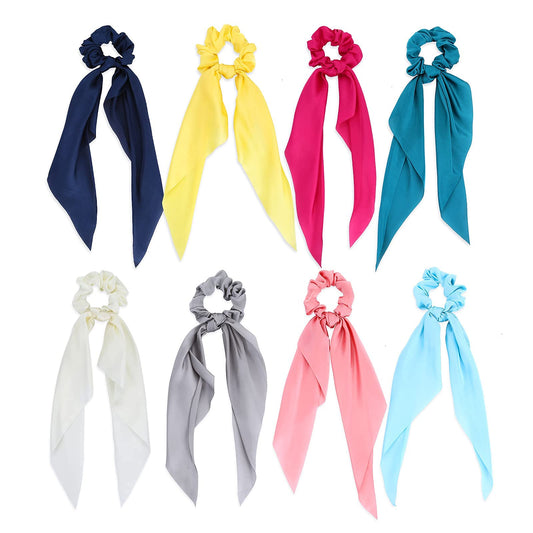 Sibba 8Pcs Silk Satin Hair Scarf Scrunchies Chiffon Bowknot Hair Ties Long Tail Elastic Hair Ribbons For Women Bow Scrunchie Ponytail Holder Colorful Scrunchy Hair Bands Christmas Day Accessories