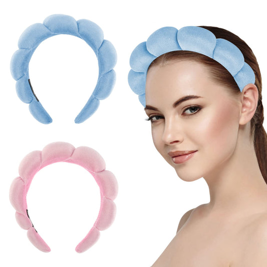 Sibba 2 Pieces Spa Headbands Washing Face Soft Puffy Towel Sponge Padded Makeup Head Band Non Slip Hoop Wrap Kit Accessories Cloth Hairband Hairhoop Fashion Girls Kids Women Mother Day Gift