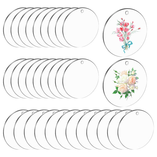 Dimeho 30 Pcs Round Acrylic Ornament Blanks, 2 Inch Clear Acrylic Disc Circle with Holes Acrylic Sheet Keychain Blanks Easter Halloween Christmas Ornaments Blank for DIY Craft Project Decor