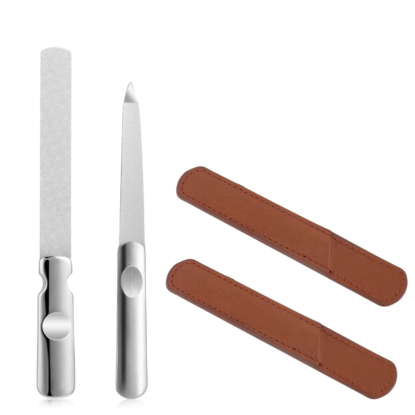 2Pcs Metal Nail File with Leather Case Professional Stainless Steel Nail Files Reusable Double-Sided Buffing Nail File Natural Nail Art File Non-Slip Handle for Manicure Pedicure Home Salon Travel