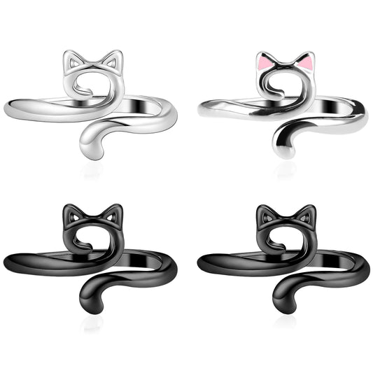 Dimeho 4 Pack Adjustable Crochet Rings Cute Cat Knitting Yarn Guide Holder Wide Open Finger Loop Braided Thimble Knit Accessories for DIY Craft Sweater Scarf Handicrafts (Silver, black)