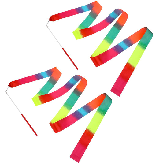 COMNICO 2Pcs Dance Ribbons Rainbow Streamers 78.7 inches/2 m Gymnastics Ribbon Baton Stick Twirling Baton Rhythmic Ribbon for Kids Dance Party Girls Adults Artistic Shows Equipment
