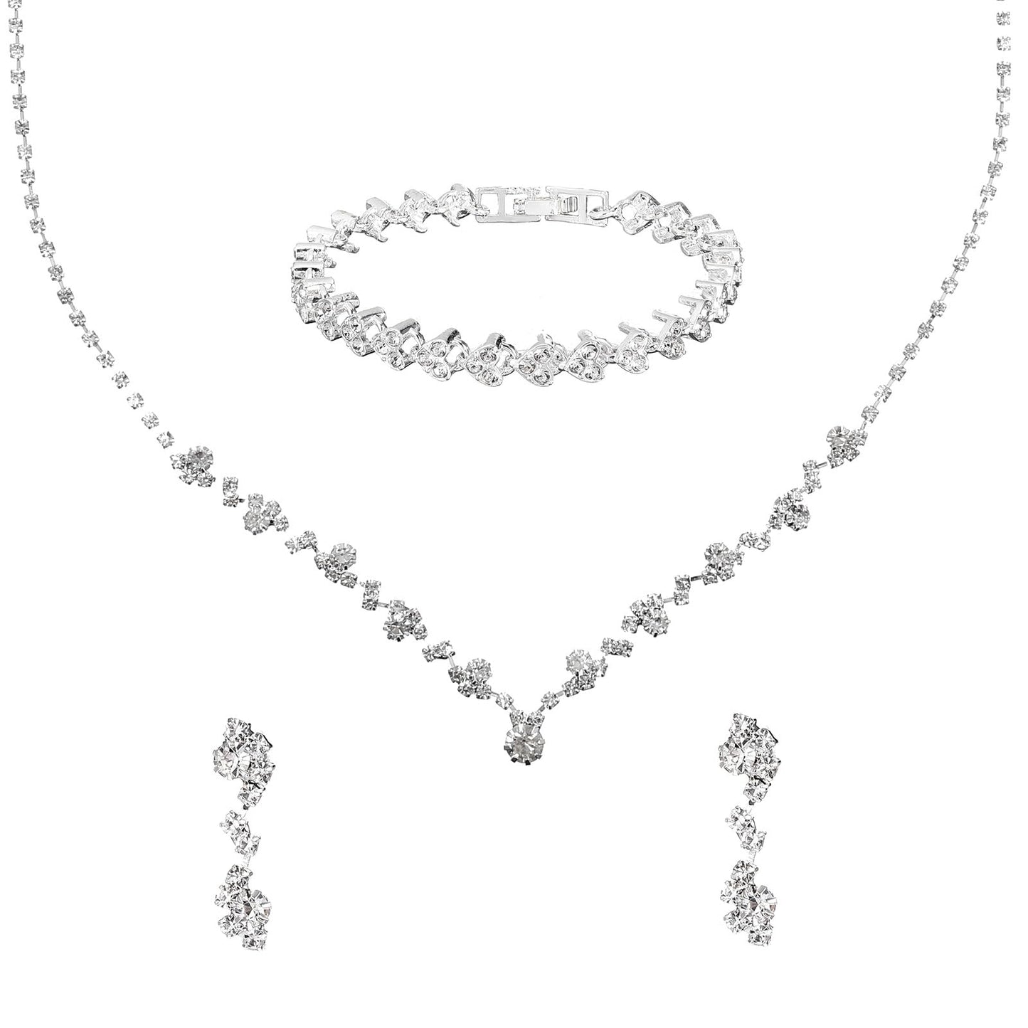 Gjinxi Silver Jewelry Set for Women Crystal Wedding Sets Brides & Bridesmaid, Rhinestone Necklace Earring Bracelet Kit Costume Jewelry