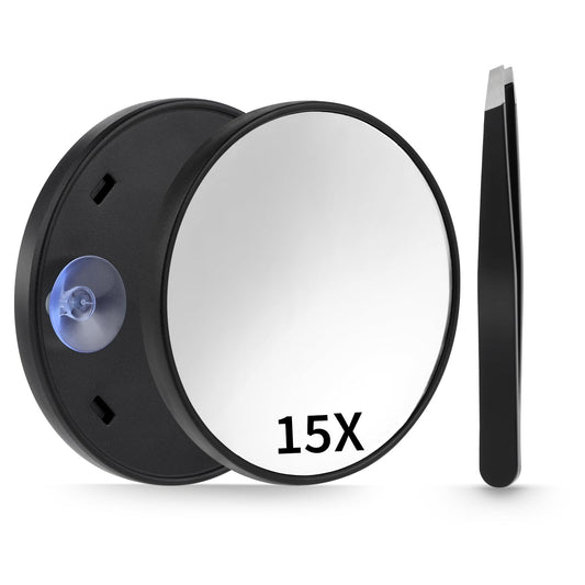 Sibba 15X Magnifying Mirror with 2 Suction Cups, 3.5 inches Magnifying Makeup Mirror with Slant Tweezers, Travel Compact Portable Magnifying Mirror