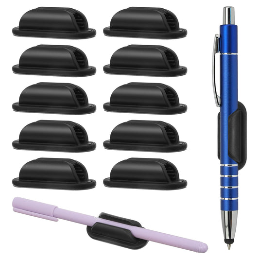 Wanmu 10 Pcs Adhesive Pencil Holders for Desk, Silicone Stylus Pen Organizer for Walls, Clipboards, Office Essentials Accessories, Teacher Classroom Supplies (Black)