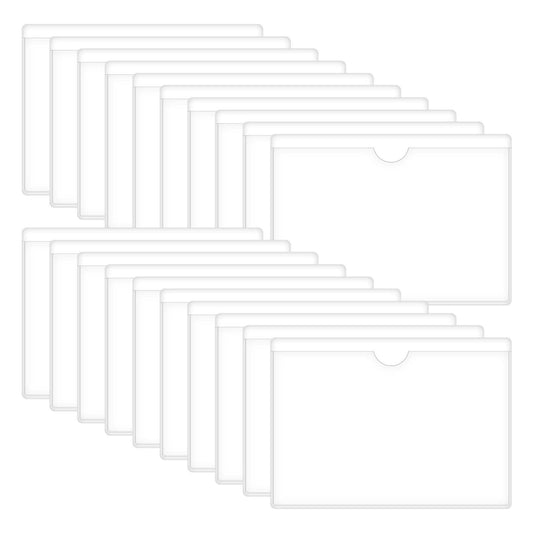Dimeho 20 Pcs Self Adhesive Pocket Index Card Pocket Top Open Loading Card Sleeves Clear Plastic Label Holder Ideal Replaceable Index Card Holder for Organizing Storage Bins Library Card Tote