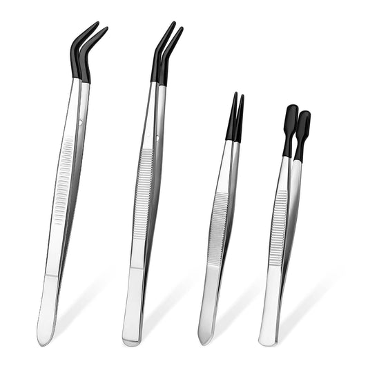 COMNICO 4 Pcs Tweezers with Rubber Tips, Stainless Steel Tweezers Straight Flat Tip Soft Tweezers Set Precision Tools for Crafts Jewelry-Making Coin Stamp