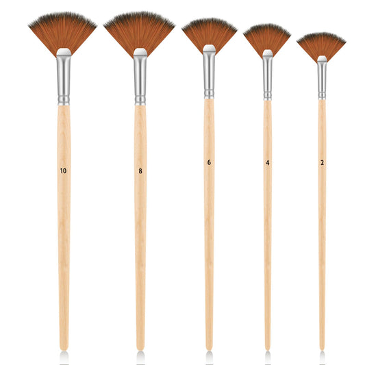 Dimeho 5 Pcs Fan Brushes for Painting, Fan Paint Brushes for Acrylic Painting Anti-Shedding Fan-Shaped Nylon Hair Brush Tips Long Wood Handle Artist Series Drawing Supplies for Watercolor Oil Painting