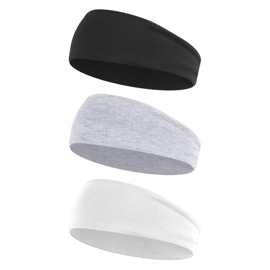 WLLHYF 3 Pcs Yoga Headbands Stretch Head Band Non-Slip Head Wraps Soft Cotton Fabric Sweat Hairbands Workout Pilates Running Sport Headband for Women Girls (Black, White, Gray)