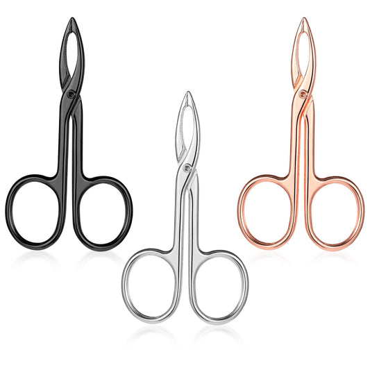 Dimeho 3 Pcs Tweezers Scissor with Easy Scissor Handle, Straight Tip Eyebrows Tweezers for Women Scissor Shaped Hair Plucker Remover for Facial Hair Eyebrows Care Wig Plucking (Silver/Black/Rose Gold)