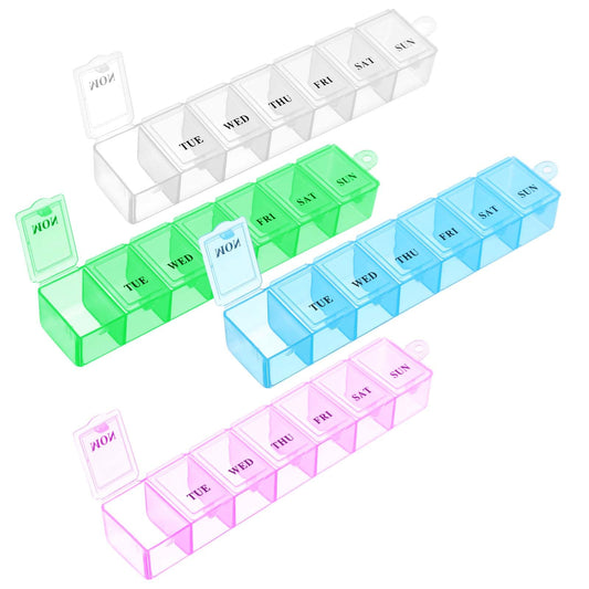 COMNICO Weekly Pill Organizer,4Pcs 7 Day Pill Case Daily Vitamin Case Medicine Box Portable Medicine Organizer with Compartment 4 Colors AM PM Pill Containers for Medicine Supplements Fish Oil