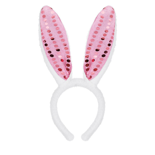 Sibba Plush Bunny Ears Headband 1 Piece Rabbit Ear Accessory Easter Cosplay Party Hair Styling Christmas Costume Dress Up for Girls Women (Pink Sequins)