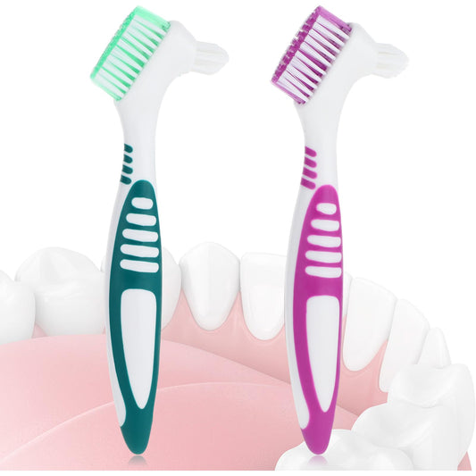 COMNICO Denture Cleaning Brush Set, 2Pcs Premium Hygiene Denture Toothbrushes for Denture Care Multi-Layered Soft Bristles Ergonomic Rubber Handle Top Denture Cleanser Tool