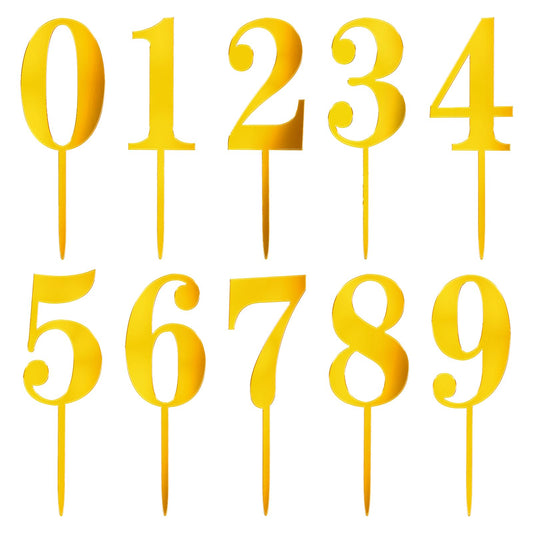 10Pcs 0-9 Number Cake Topper Acrylic Mirror Cupcake Toppers Shiny Golden Topper Sticks Personalized Picks Happy Birthday Cake Decorations for Christmas Wedding Party Anniversary DIY Supplies Set