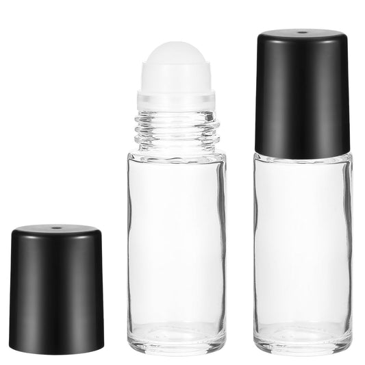 COMNICO Glass Roller Bottles, 2Pcs Refillable Empty Essential Oil Roll On Bottles with Plastic Roller Ball Black Cap Clear Leak-Proof Massage Containers for Essential Oils Facial Body Care