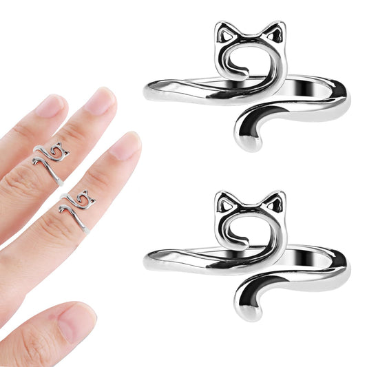 Sibba Crochet Finger Tension Rings 2 PCS Crocheting Knitting Yarn Holder Adjustable Versatile Cat Pattern Guide Loop Braided Knitted Weaving Knit Regulator Decorating Fingers (Silver)