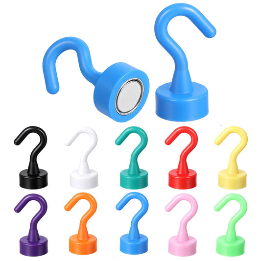 Wanmu Pack of 12 Magnetic Hooks, Extra Strong Magnetic Hooks, Hook Magnets, Punch-Free Magnetic Hooks for Camping, Lockers, Workshop Equipment, Coat Hooks (Multi-Colour)