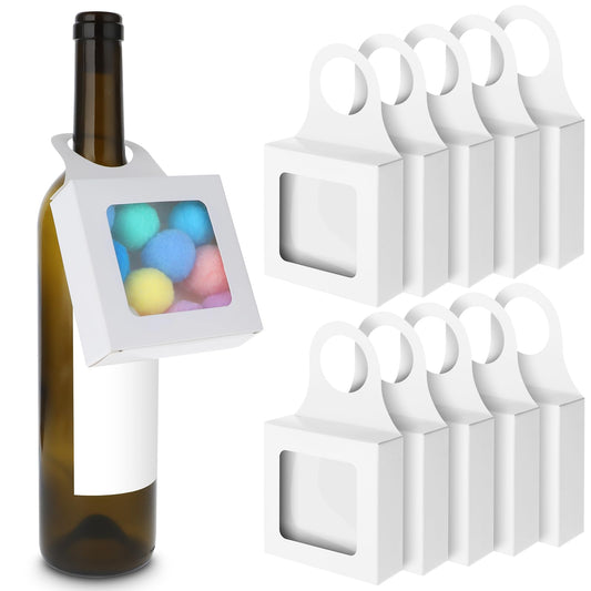 Sibba Kraft Paper Wine Bottle Box 10 Pcs Package With Window Handles Hanging Foldable Gift Wine Accessory Sets Folding White Bags for Kitchen Dining Engagement Christmas Mother's Day