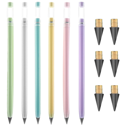 Sibba 6 PCS Pencil With Eraser Eternal Color Colouring Inkless Refills Colorful Mechanical Pen Never Ending Endless Eternity Colored Sets Replaceable Drawing Reusable Nibs Erasable Office Supplies