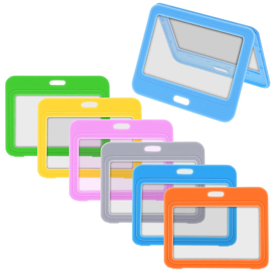 COMNICO ID Badge Holders, 6 Pcs Double-Sided Plastic ID Card Case Protector Pouch Clear Window Horizontal Name Tags Holder ID Credit Cards Protector Cover for Office School