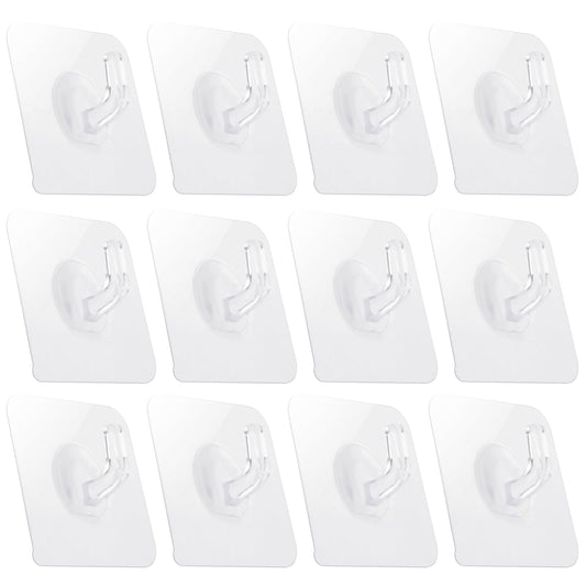 COMNICO 12 Pack Adhesive Hooks, Clear Plastic Waterproof Heavy Duty Sticky Wall Ceiling Door Window Pothook, Home Kitchen Bathroom Shower Office for Hanging Hat Towel Picture Coats