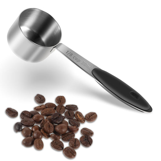 Sibba Coffee Scoop Measuring Cup 30ML Stainless Steel Scoop Metal Coffee Spoons Measure Tools Portable Scales Scoop Long Handle Tablespoon Cooking Scales Black Silicone Handle Scoop Individual Spoons