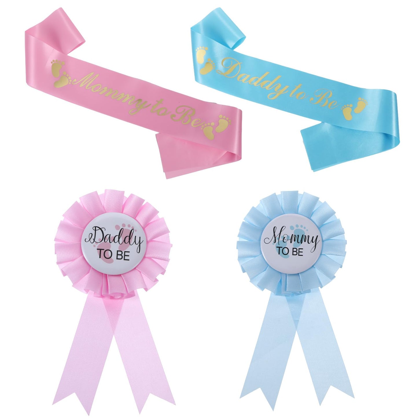 4 Pcs Gender Reveal Decoration Tinplate Badge Pin and Sash Mom and Dad to be Rosette Buttons with Ribbon for Celebration Gender Reveals, Baby Shower Party Favors and Pregnant Keepsake Gifts(Pink&Blue)