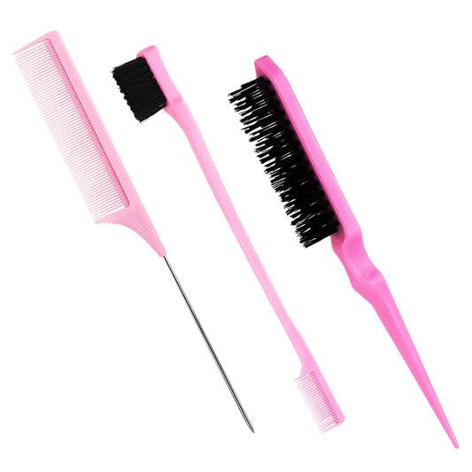Sibba Hair Brushes 3 Pieces Set Plastic Teasing Pick Parting Hair Color Rattail Comb with Metal Prong Edge Bristle Brush Haircut Combing and Stylist Accessories (Pink)