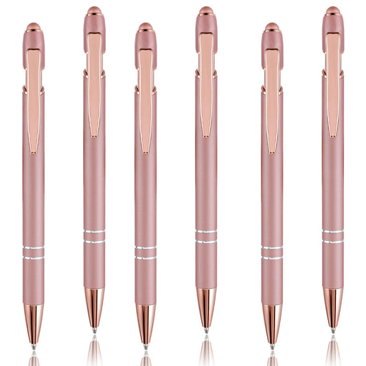 6 Pack Ballpoint Pen with Stylus Tip, Rose Gold Metal Pens Black Ink Pens, 1.0mm Medium Point Pens, Soft Rubberized Touch Ballpoint Pen for Touch Screens, Stylish Pens Teacher Gifts Office Supplies
