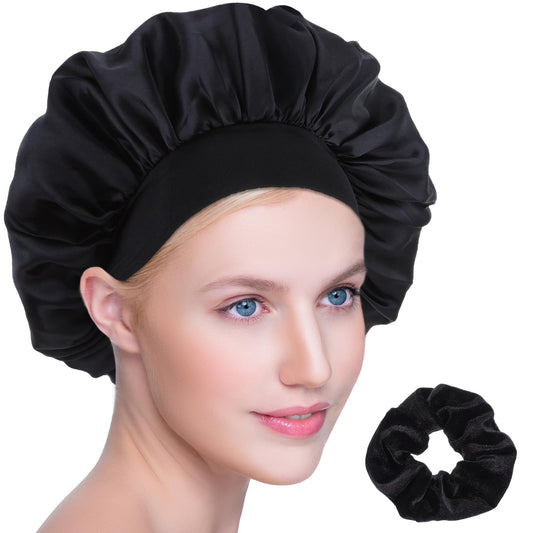 COMNICO Silk Bonnet for Sleeping, Women Double Layer Satin Hair Bonnet Adjustable Wide Soft Band night sleep cap and Hair ring for Curly Natural Hair Braid (Black)