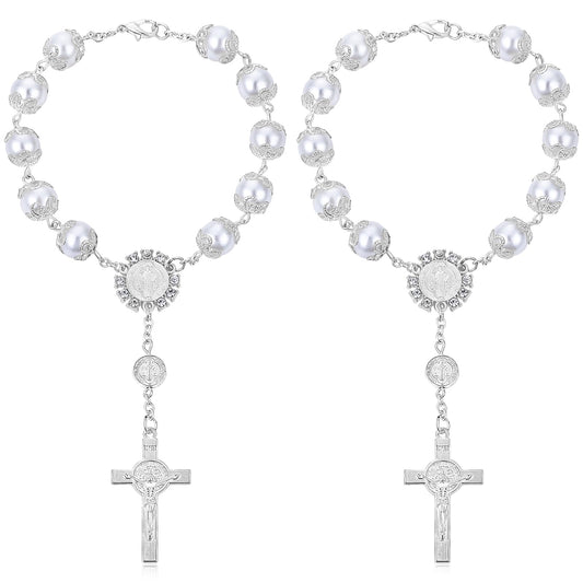 Sibba 2 Pieces Car Rosary Mirror Rearview Mirror Hanging Accessories Auto Rosary with Cross Blessing Rosary Religious Catholic Beads Car Medal for Mirror Interior Truck Motorcycle Decors (Silver)