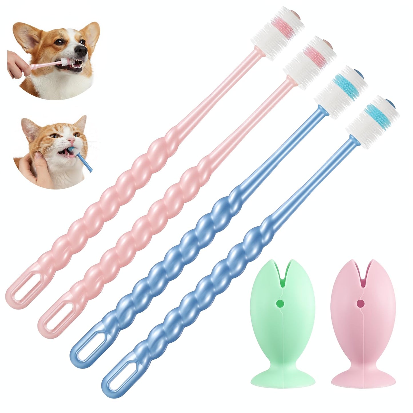 ElevateTech Small Dog & Cat Toothbrush, 4Pcs Cat Tooth Brush Brushing Kit with 2Pcs Extra Suction Cup Toothbrush Holder 360 Degree Soft Silicone Pet Toothbrushes for Cats Dogs Dental Care (Blue, Pink)