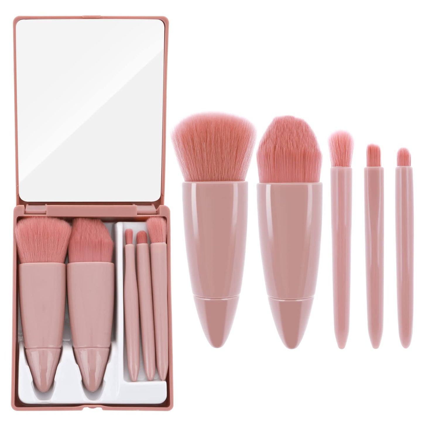Sibba Travel Makeup Brush Set, 5Pcs Mini Complete Function Cosmetic Brushes Kit with Mirror for Lip Brush Foundation Blending Powder Brush Mini Facial Cosmetic Makeup Brush Set