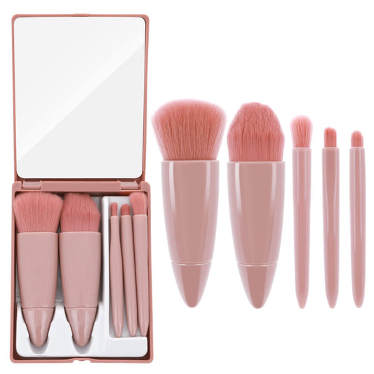 Sibba Travel Makeup Brush Set, 5Pcs Mini Complete Function Cosmetic Brushes Kit with Mirror for Lip Brush Foundation Blending Powder Brush Mini Facial Cosmetic Makeup Brush Set
